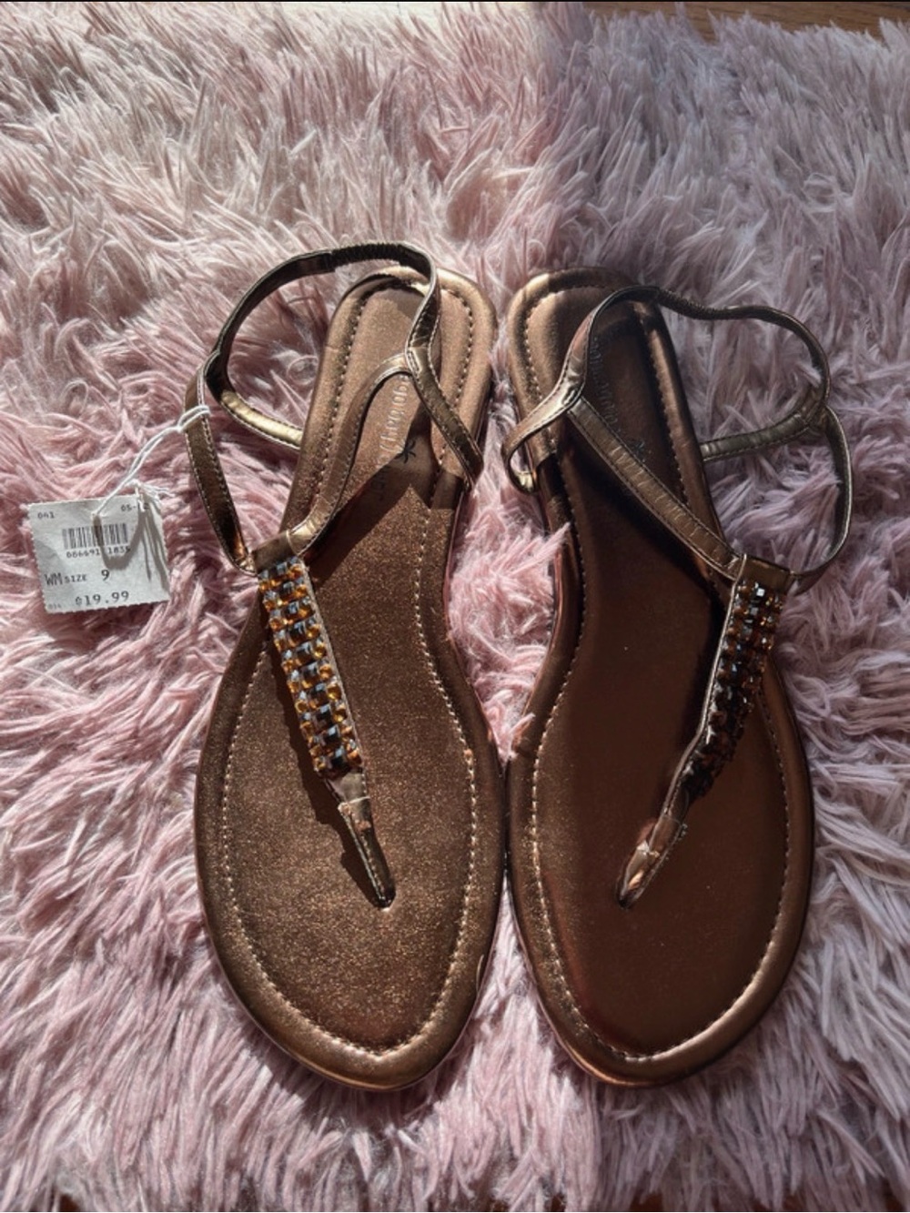 Montego Bay Club Bronze Metallic T-Strap Sandals with Rhinestone Accent